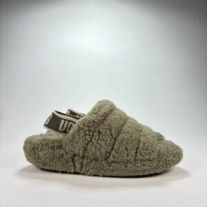 UGG Fluff Yeah Olive Green Cozy Slip On Slide Slippers 1095119 Women's Size 6